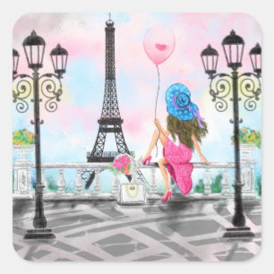 Pretty Woman and Pink Heart Balloon - I Love Paris Square Sticker