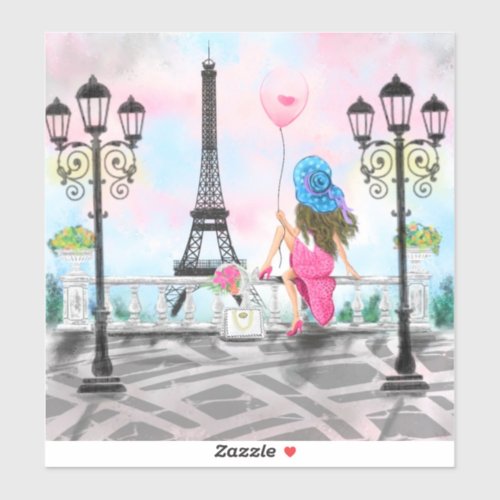 Pretty Woman and Pink Heart Balloon _ I Love Paris Sticker