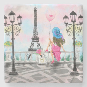 Pretty Woman and Pink Heart Balloon - I Love Paris Stone Coaster