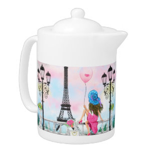 Pretty Woman and Pink Heart Balloon - I Love Paris Teapot