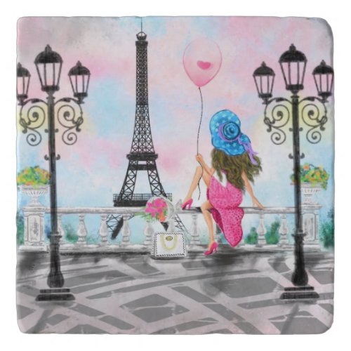 Pretty Woman and Pink Heart Balloon _ I Love Paris Trivet