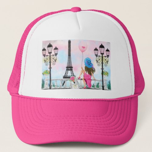 Pretty Woman and Pink Heart Balloon _ I Love Paris Trucker Hat
