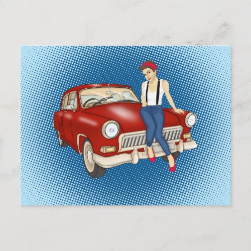Pretty woman and  red car postcard
