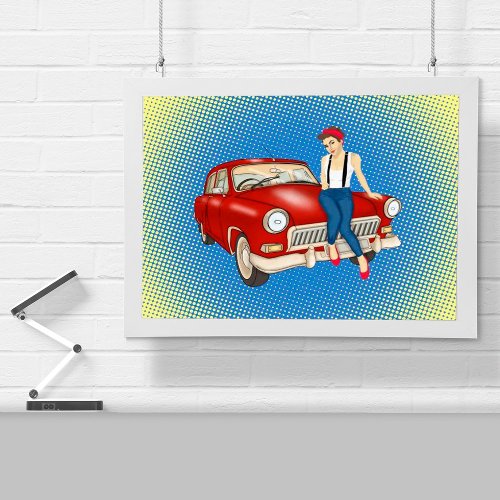 Pretty woman and red car poster