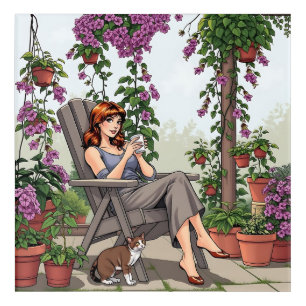 Pretty Woman Drinking Coffee, Her Dog and Plants Acrylic Print