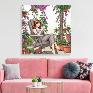 Pretty Woman Drinking Coffee, Her Dog and Plants Canvas Print