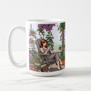 Pretty Woman Drinking Coffee, Her Dog and Plants Coffee Mug