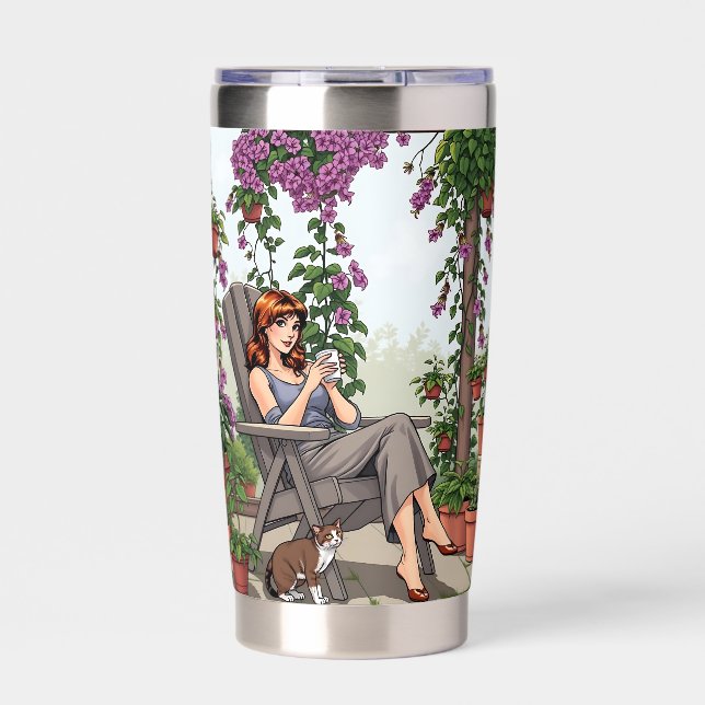 Pretty Woman Drinking Coffee, Her Dog and Plants Insulated Tumbler (Front)