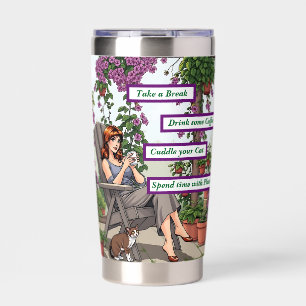 Pretty Woman Drinking Coffee, Her Dog and Plants Insulated Tumbler