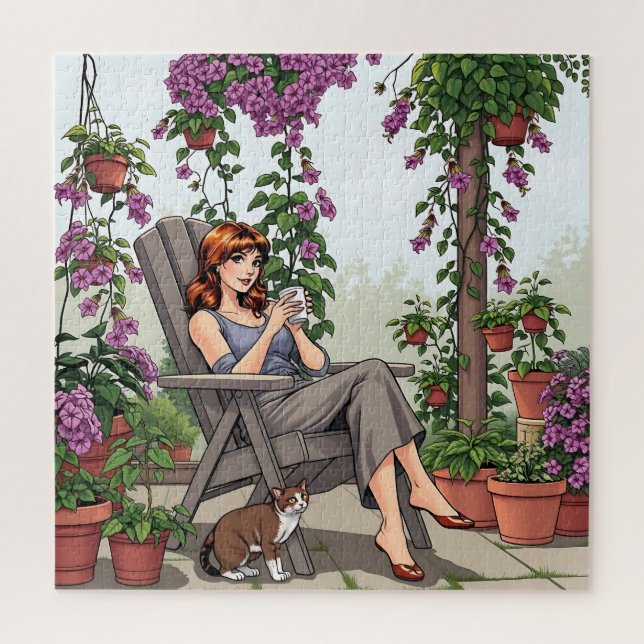 Pretty Woman Drinking Coffee, Her Dog and Plants Jigsaw Puzzle (Vertical)