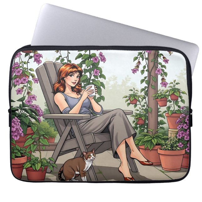 Pretty Woman Drinking Coffee, Her Dog and Plants Laptop Sleeve (Front)