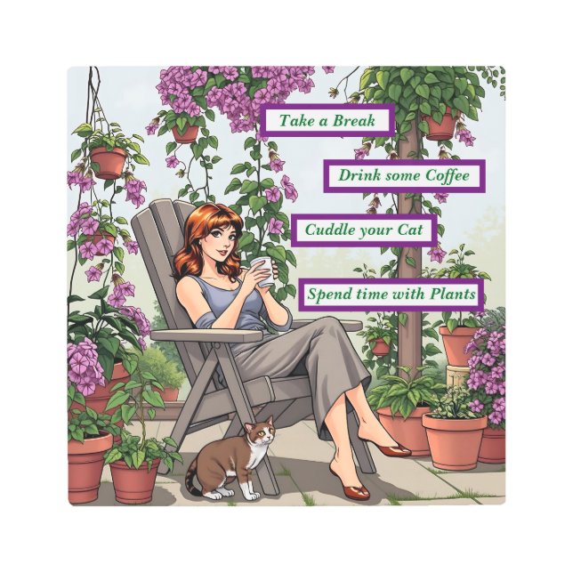 Pretty Woman Drinking Coffee, Her Dog and Plants Metal Print (Front)