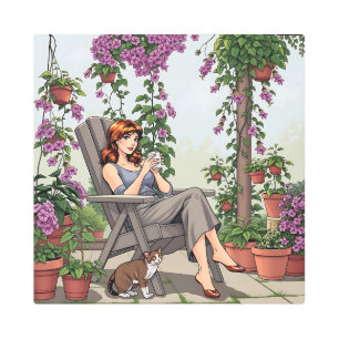 Pretty Woman Drinking Coffee, Her Dog and Plants Metal Print