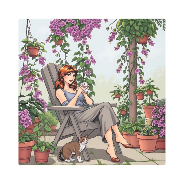 Pretty Woman Drinking Coffee, Her Dog and Plants Metal Print (Front)