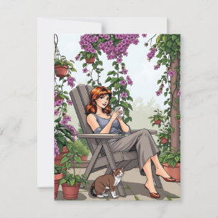 Pretty Woman Drinking Coffee, Her Dog and Plants Postcard
