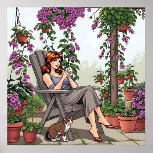 Pretty Woman Drinking Coffee, Her Dog and Plants Poster