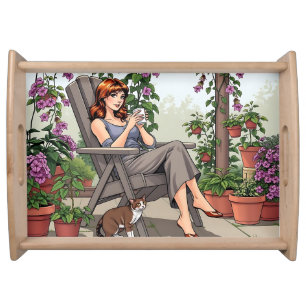 Pretty Woman Drinking Coffee, Her Dog and Plants Serving Tray