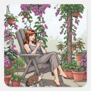 Pretty Woman Drinking Coffee, Her Dog and Plants Square Sticker