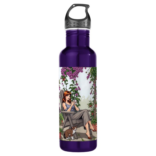 Pretty Woman Drinking Coffee, Her Dog and Plants Stainless Steel Water Bottle (Front)