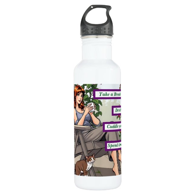 Pretty Woman Drinking Coffee, Her Dog and Plants Stainless Steel Water Bottle (Front)