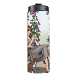 Pretty Woman Drinking Coffee, Her Dog and Plants Thermal Tumbler