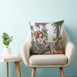 Pretty Woman Drinking Coffee, Her Dog and Plants Throw Pillow