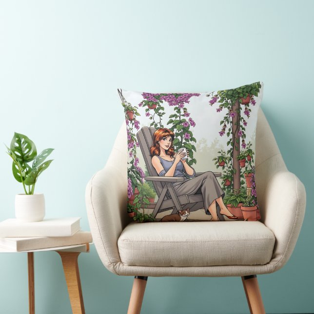 Pretty Woman Drinking Coffee, Her Dog and Plants Throw Pillow (Chair)