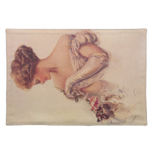 Pretty Woman Holding a Kitten (by Harrison Fisher) Cloth Placemat