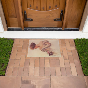 Pretty Woman Holding a Kitten (by Harrison Fisher) Doormat