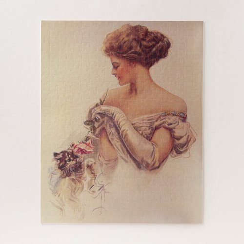 Pretty Woman Holding a Kitten by Harrison Fisher Jigsaw Puzzle