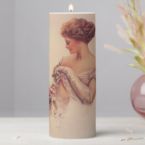 Pretty Woman Holding a Kitten by Harrison Fisher Pillar Candle