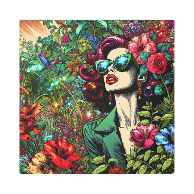 Pretty Woman in Flower Garden Metal Print (Front)