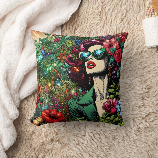 Pretty Woman in Flower Garden Throw Pillow (Blanket)