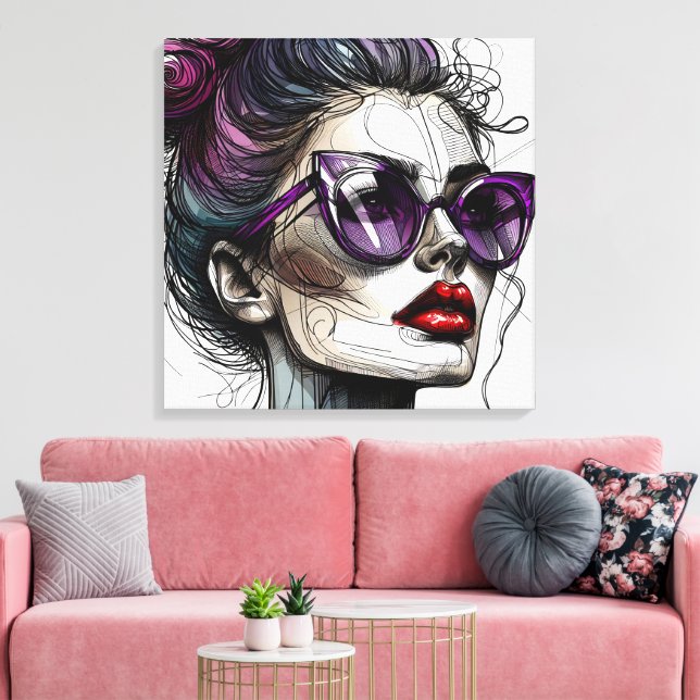 Pretty Woman in Sunglasses and Purple Lipstick Canvas Print (Insitu(LivingRoom))