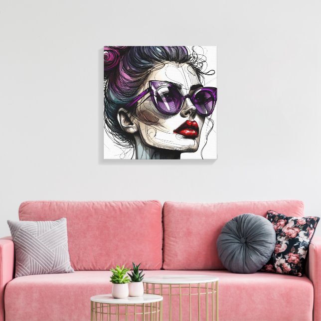 Pretty Woman in Sunglasses and Purple Lipstick Canvas Print (Insitu(LivingRoom))