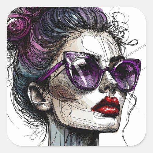 Pretty Woman in Sunglasses and Red Lipstick Square Sticker