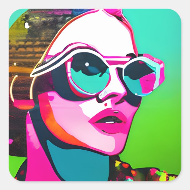 Pretty Woman in Sunglasses Unique Modern Art Square Sticker (Front)