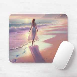 Pretty Woman Leaving Footprints On a Beach Mouse Pad