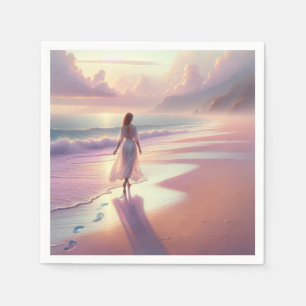 Pretty Woman Leaving Footprints On a Beach Napkins
