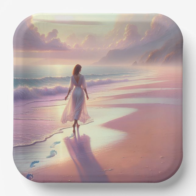 Pretty Woman Leaving Footprints On a Beach Paper Plates (Front)