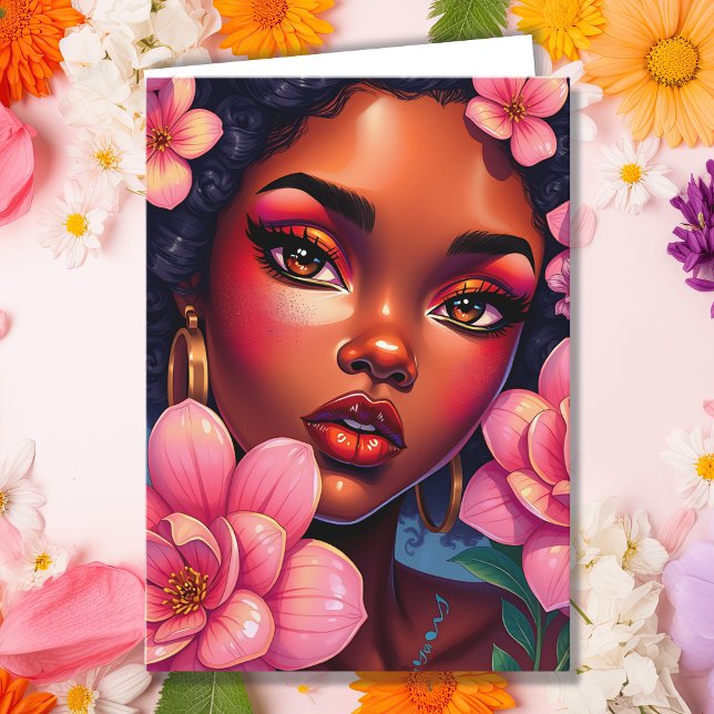 Pretty Woman of Color with Flowers Birthday Card (Creator Uploaded)