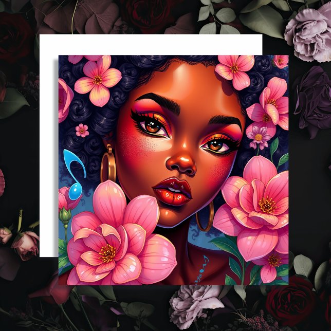 Pretty Woman of Color with Pink Flowers  Card (Creator Uploaded)