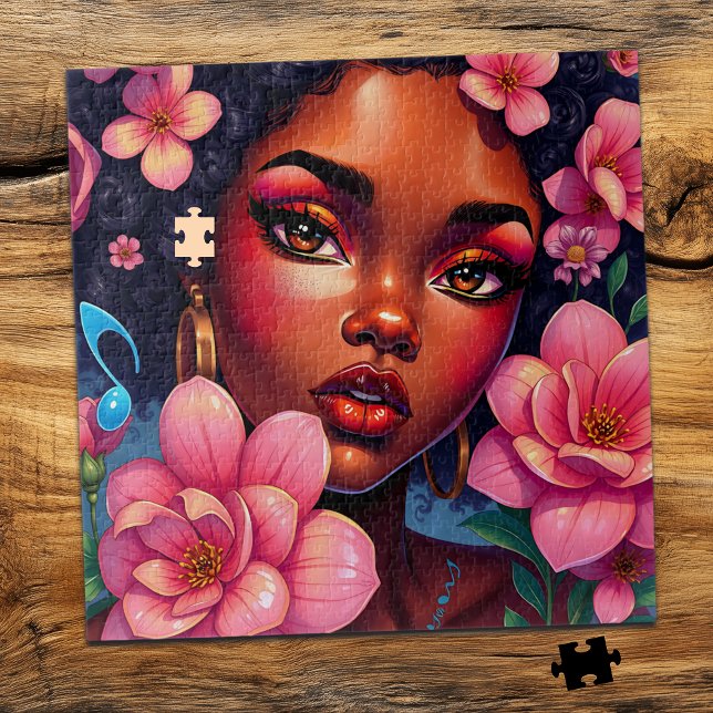 Pretty Woman of Color with Pink Flowers  Jigsaw Puzzle (Creator Uploaded)