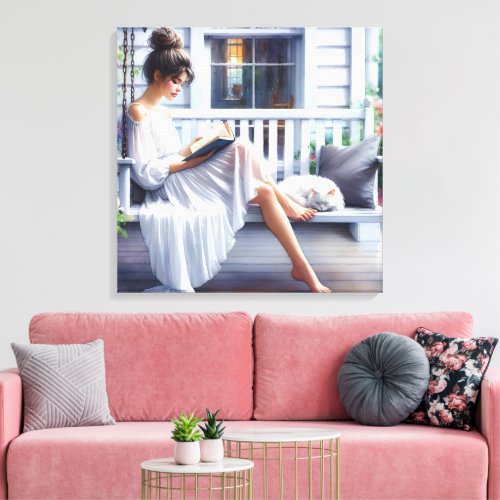 Pretty Woman On a Porch Swing With Cat Canvas Print