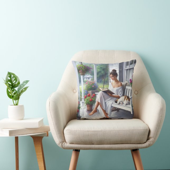 Pretty Woman Reading a Book Throw Pillow (Chair)