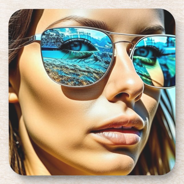 Pretty Woman with Reflection of Beach Sunglasses Beverage Coaster (Front)
