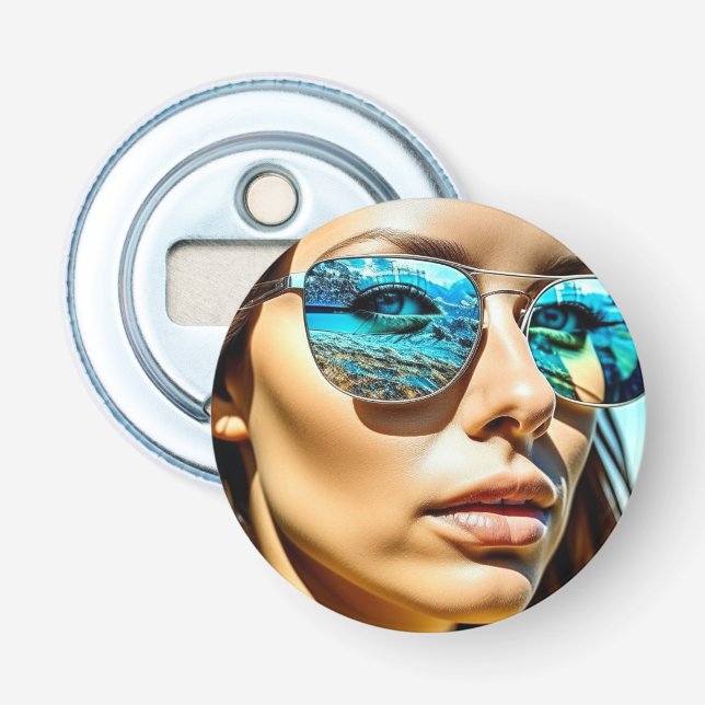 Pretty Woman with Reflection of Beach Sunglasses Bottle Opener (Front)
