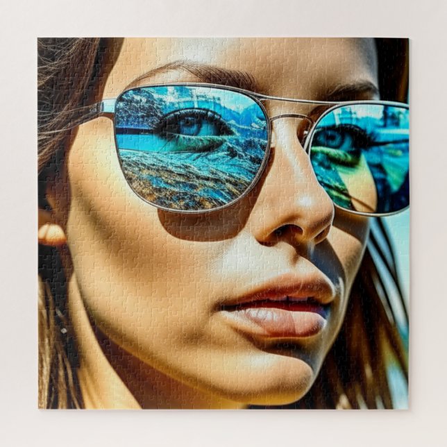 Pretty Woman with Reflection of Beach Sunglasses Jigsaw Puzzle (Vertical)