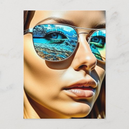 Pretty Woman with Reflection of Beach Sunglasses Postcard