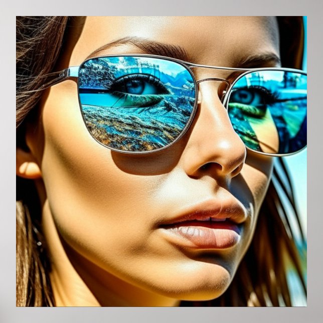 Pretty Woman with Reflection of Beach Sunglasses Poster (Front)